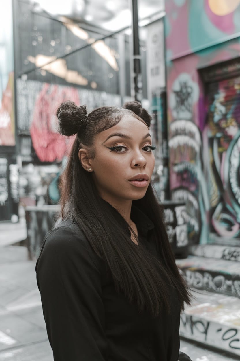 A woman with half-up space buns hairstyle, standing against a colorful graffiti wall.