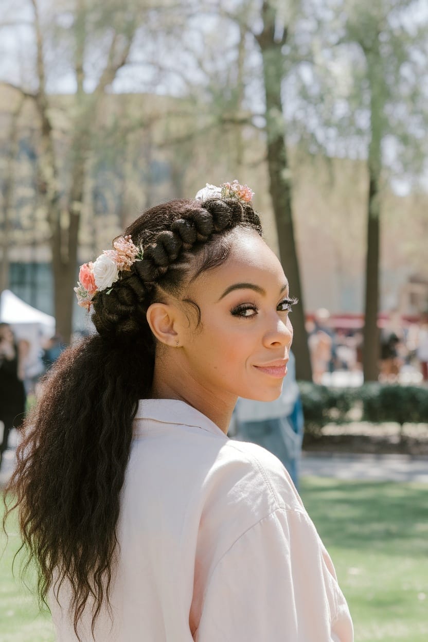 A woman showcasing a half-up twisted crown hairstyle with floral accents in a park setting.