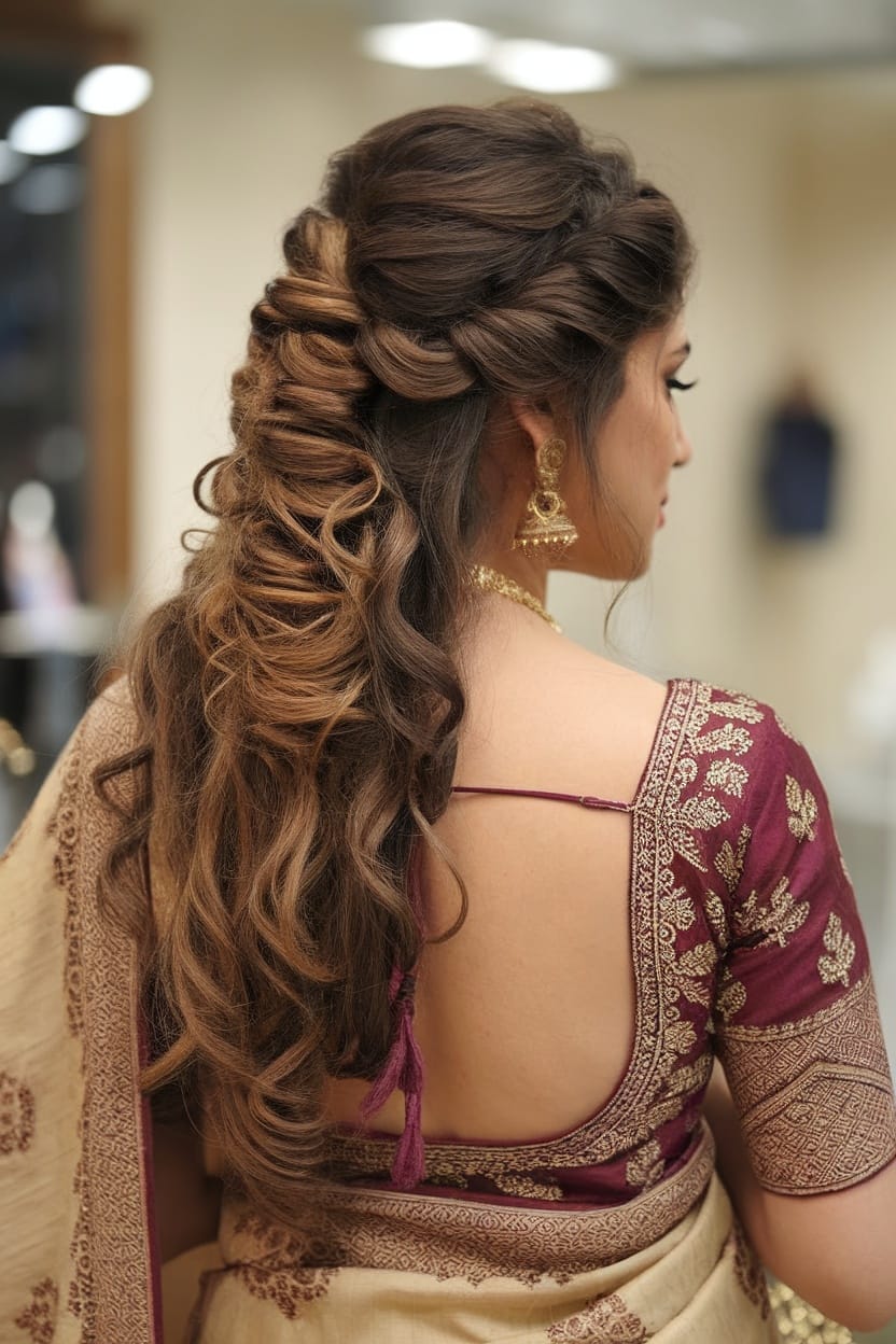 A woman with half up half down hairstyle wearing a traditional saree, showcasing elegant waves and intricate styling.