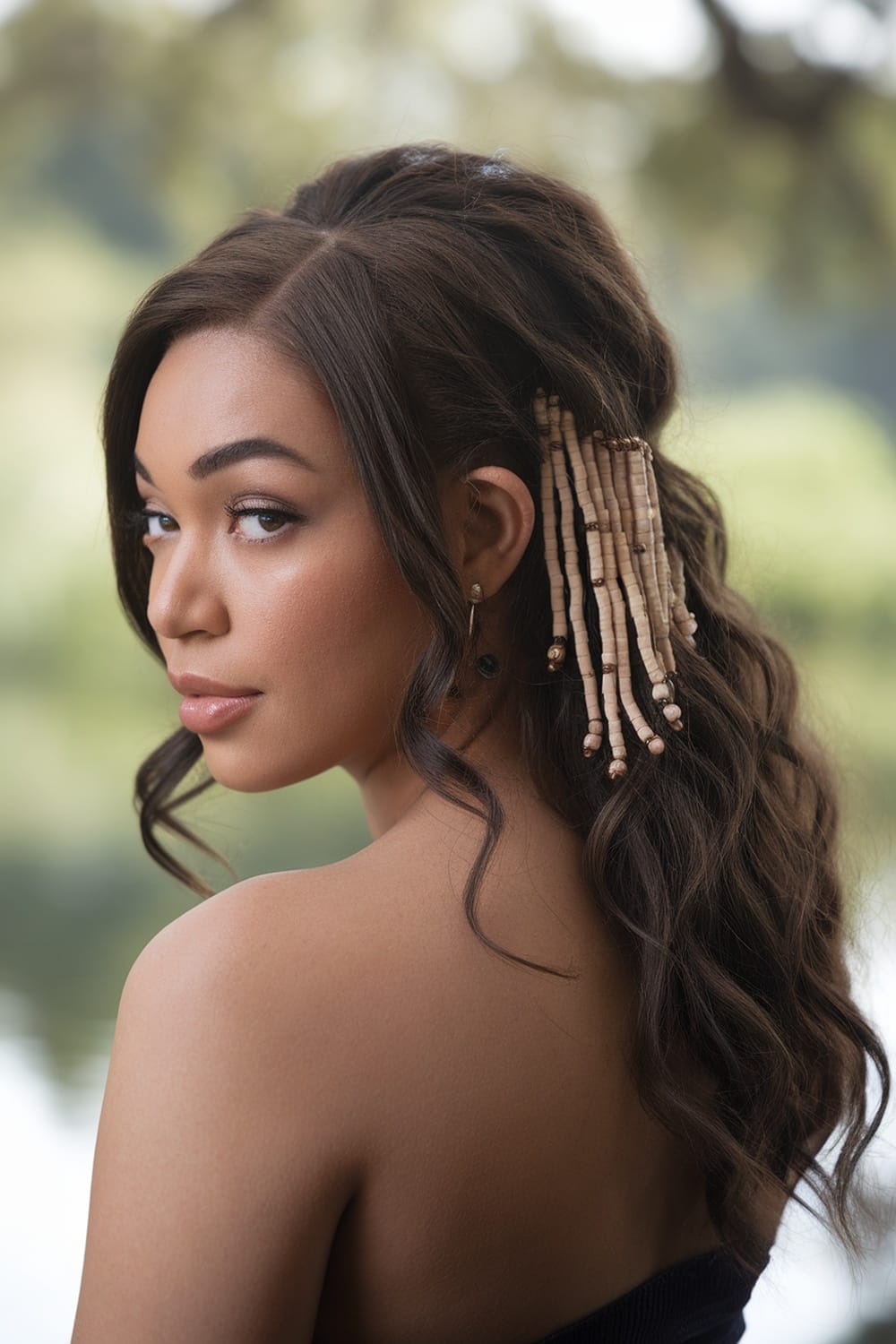 A woman with a half up half down hairstyle adorned with beaded accents, showcasing elegance and style.
