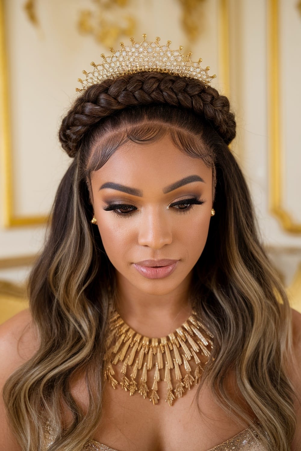 A woman with a braided crown hairstyle, showcasing a half up half down look, adorned with a golden necklace.