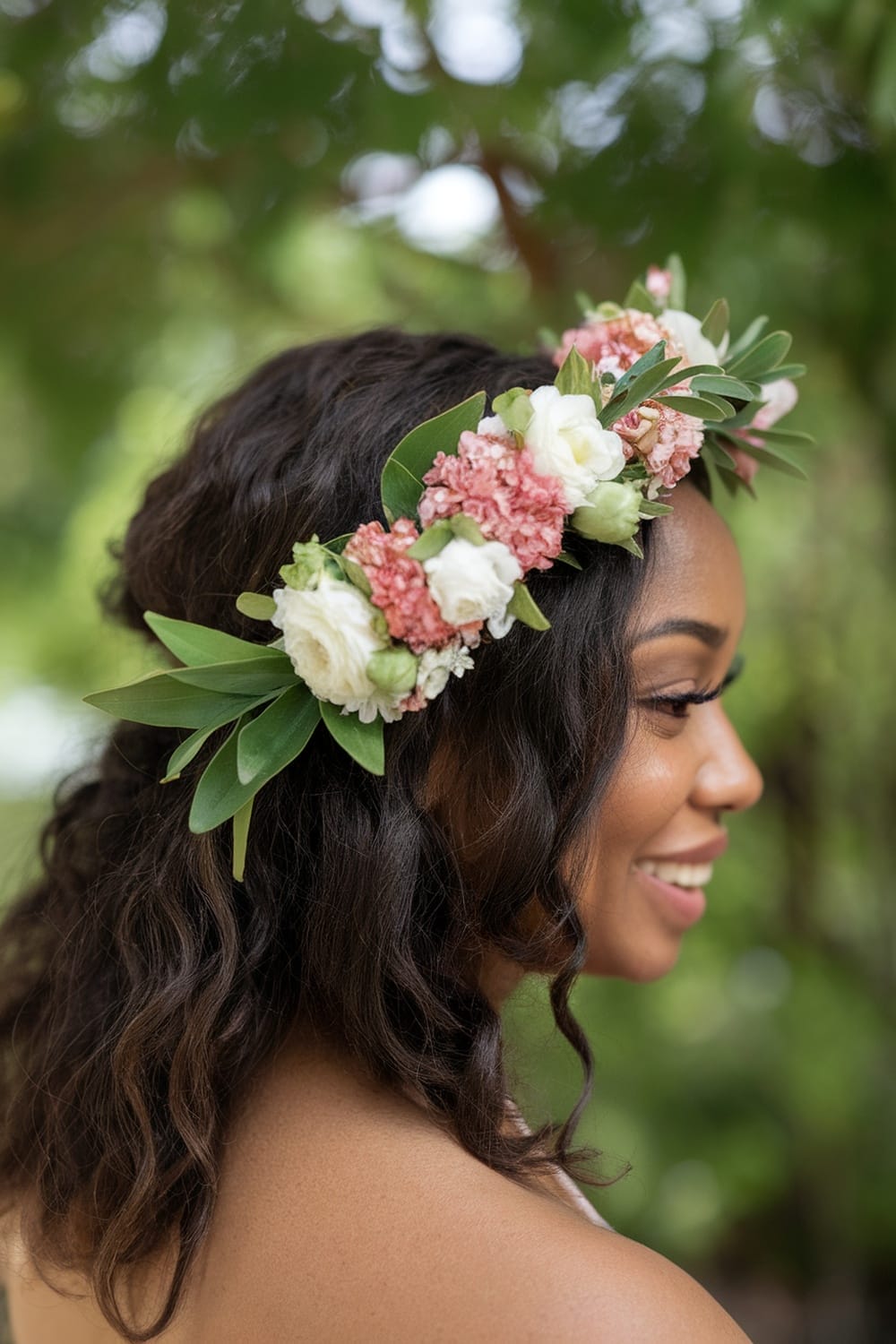 A woman with curly hair styled in a half-up half-down hairdo, adorned with a beautiful floral crown.