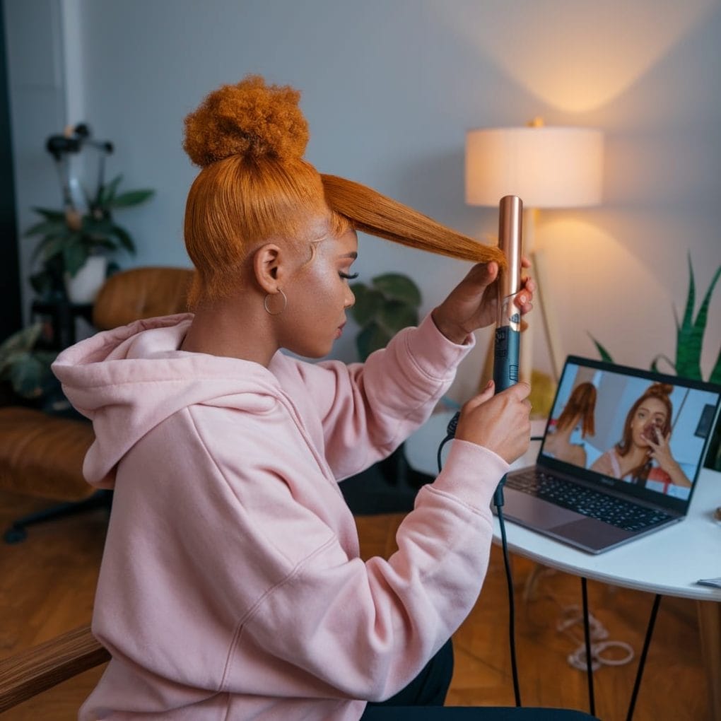 A woman with ginger hair styling her hair using a straightener while watching a tutorial on a laptop.
