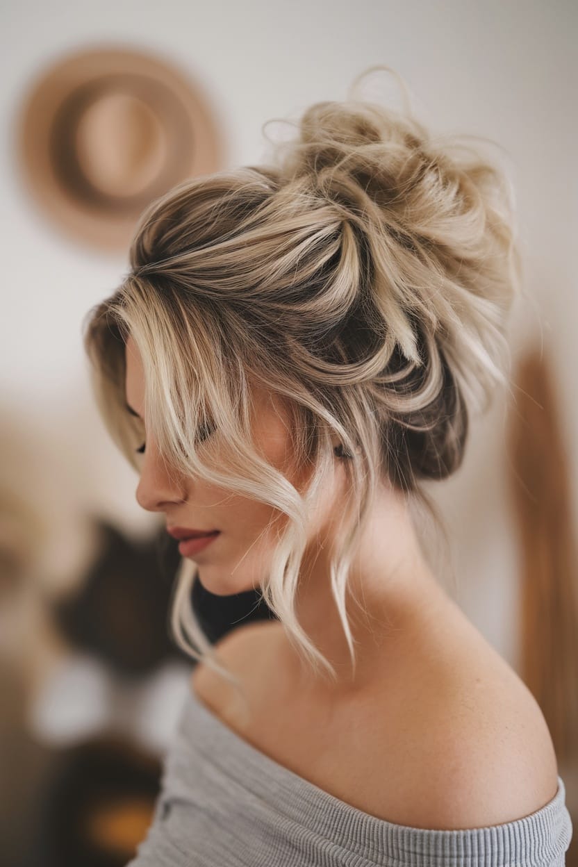 A woman with a haphazard chignon hairstyle, wearing an off-shoulder top.