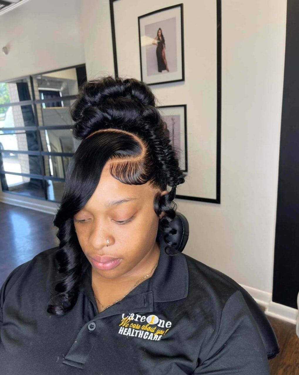 High elegant updo with braids curls and side-swept bang