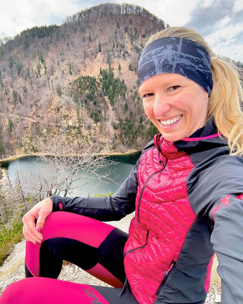 High ponytail with headband for managing longer hair on hike