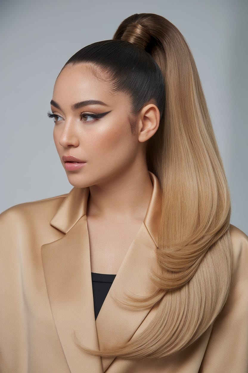 A woman with a sleek high ponytail, showcasing a smooth finish and subtle waves, wearing a beige blazer.
