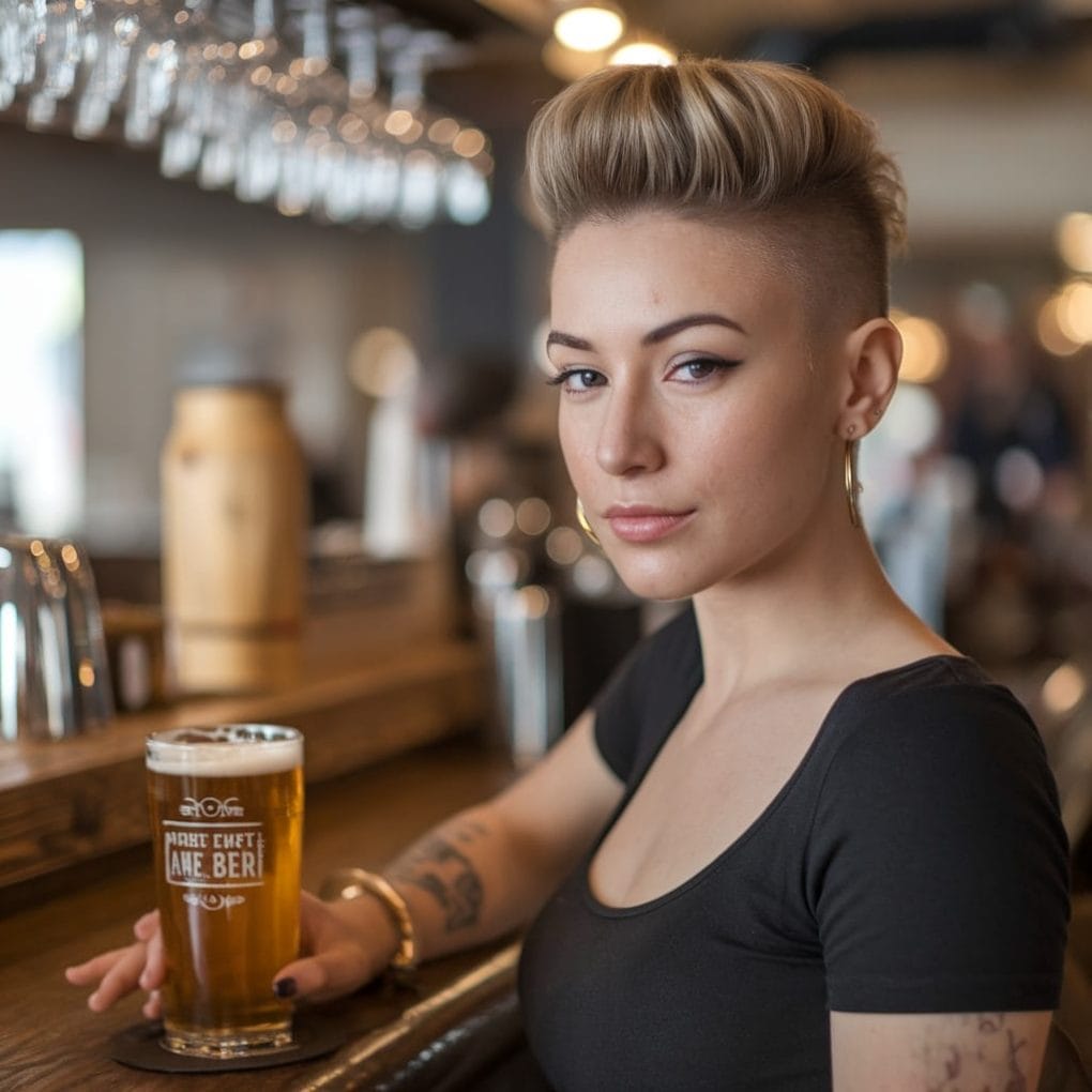 A woman with a stylish hipster quiff hairstyle, sitting at a bar with a beer in hand.