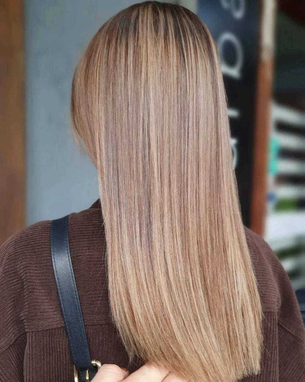 Honey and caramel balayage on light brown base, straight hair just below shoulders.