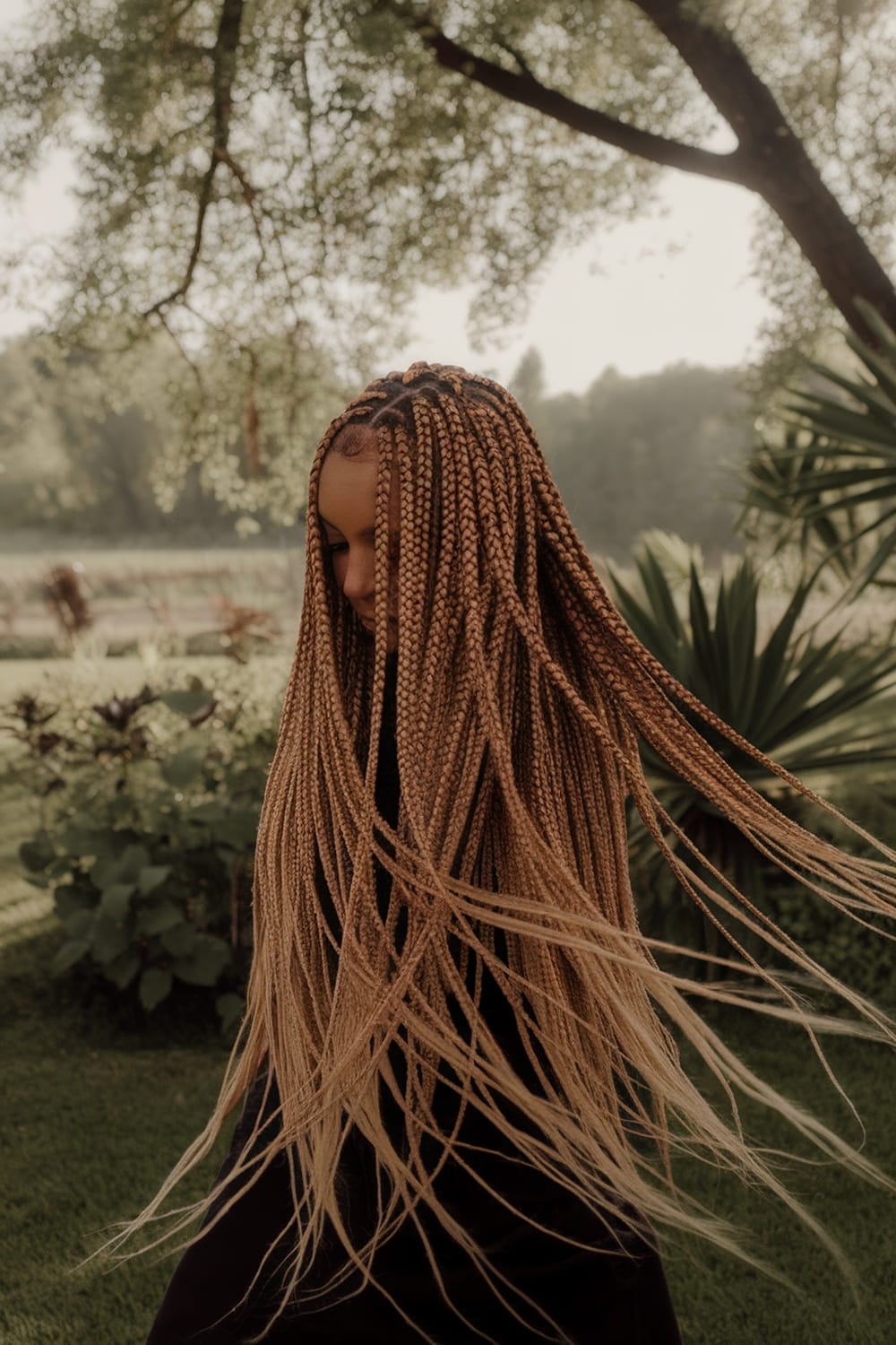 Long honey blonde crochet braids flowing in the sunlight, showcasing a beautiful hairstyle.