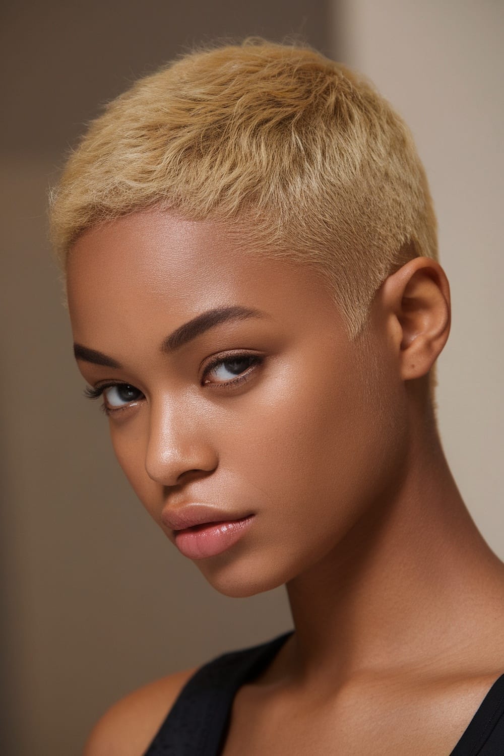 A young woman with a honey blonde fade cut, showcasing her vibrant hairstyle.