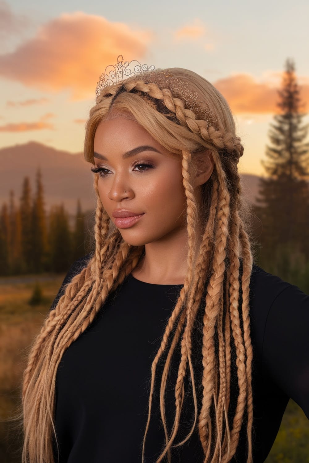 A woman with honey blonde hair styled in a braided crown, standing against a natural backdrop.