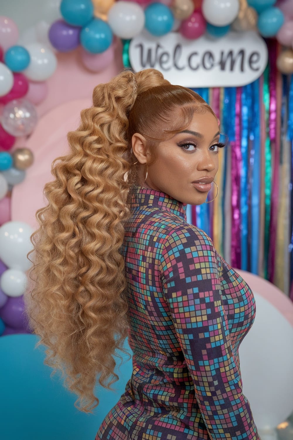 A woman with honey blonde curls styled in a high ponytail, set against a colorful backdrop.