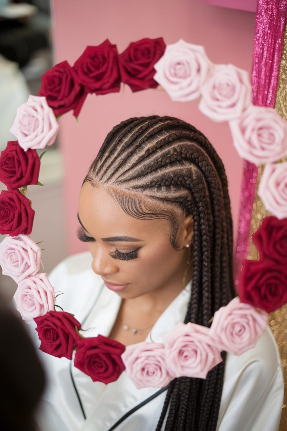A close-up of a woman with intricate cornrow hairstyles framed by a floral arrangement.