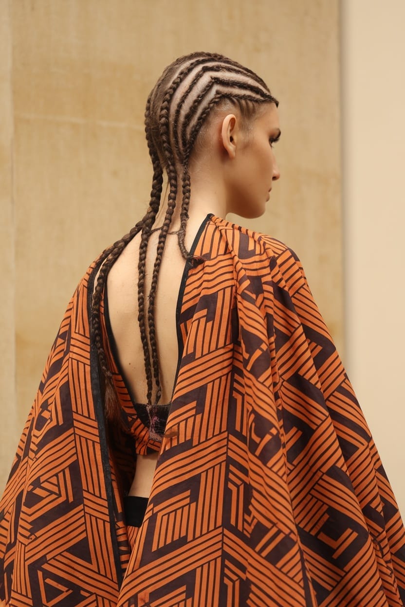 A model showcasing intricate geometric braids, complemented by a stylish outfit suitable for a lehenga.