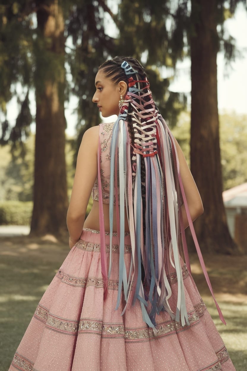 A woman with an intricate ribbon braid hairstyle, wearing a pink lehenga with embroidery, set against a natural backdrop.