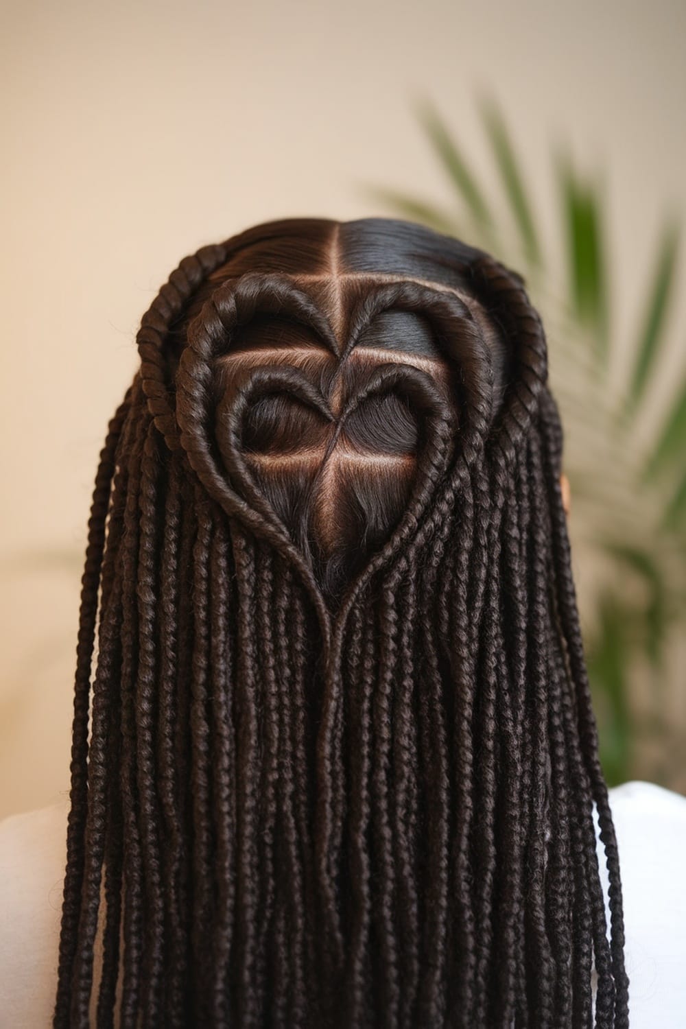 A close-up view of a half up half down hairstyle featuring intricate heart-shaped twists, showcasing long twisted hair.