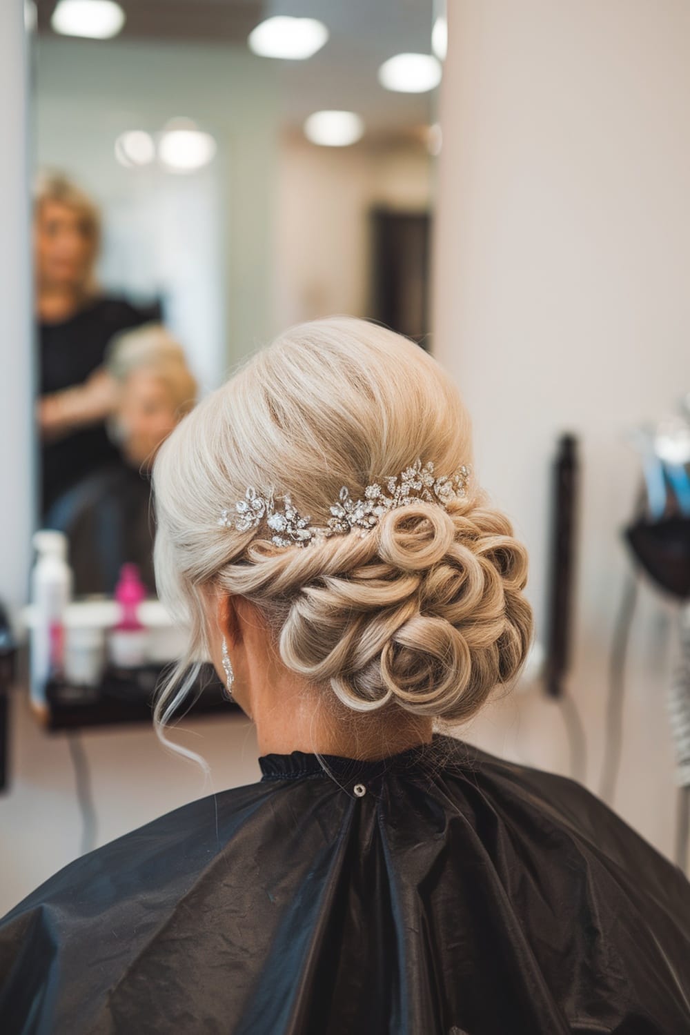 A woman with an intricate updo hairstyle adorned with beaded details, preparing for a wedding.