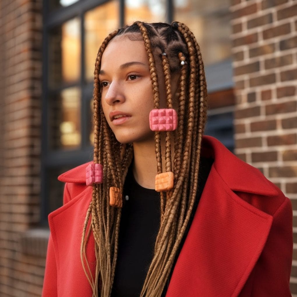 A woman with knotless braids adorned with colorful statement beads, wearing a red coat.