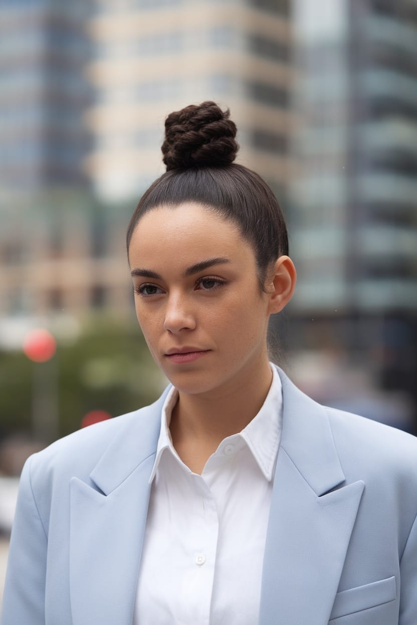 A woman with a knotted chignon hairstyle, wearing a light blue blazer and a white shirt, standing in an urban environment.