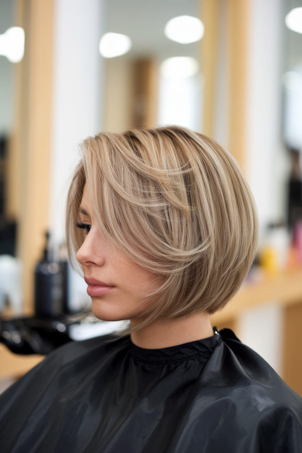 A woman with a layered bob haircut, showcasing a modern and professional look.