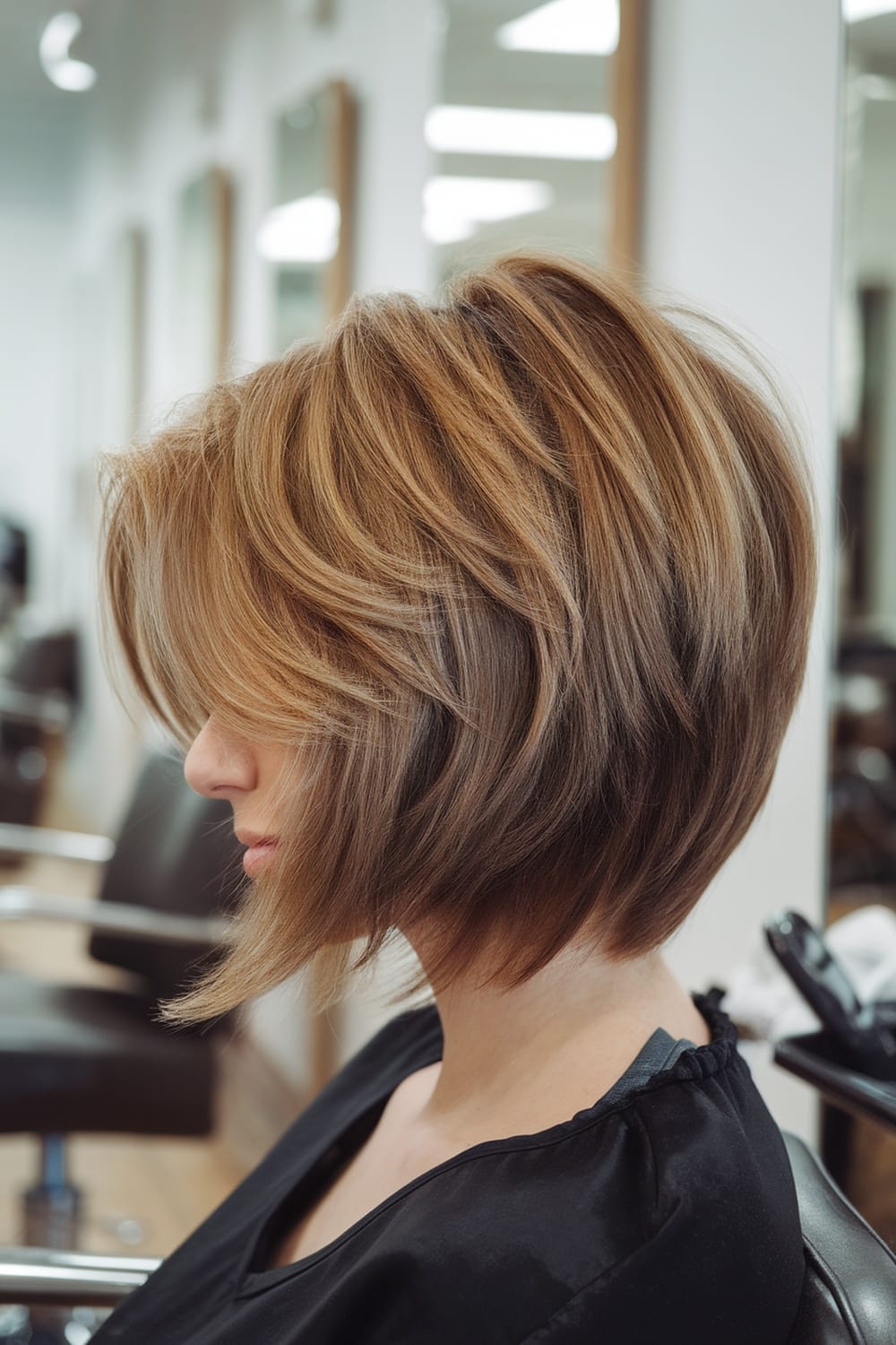 A woman with a layered bob haircut, showcasing soft layers and light tones, in a salon setting.