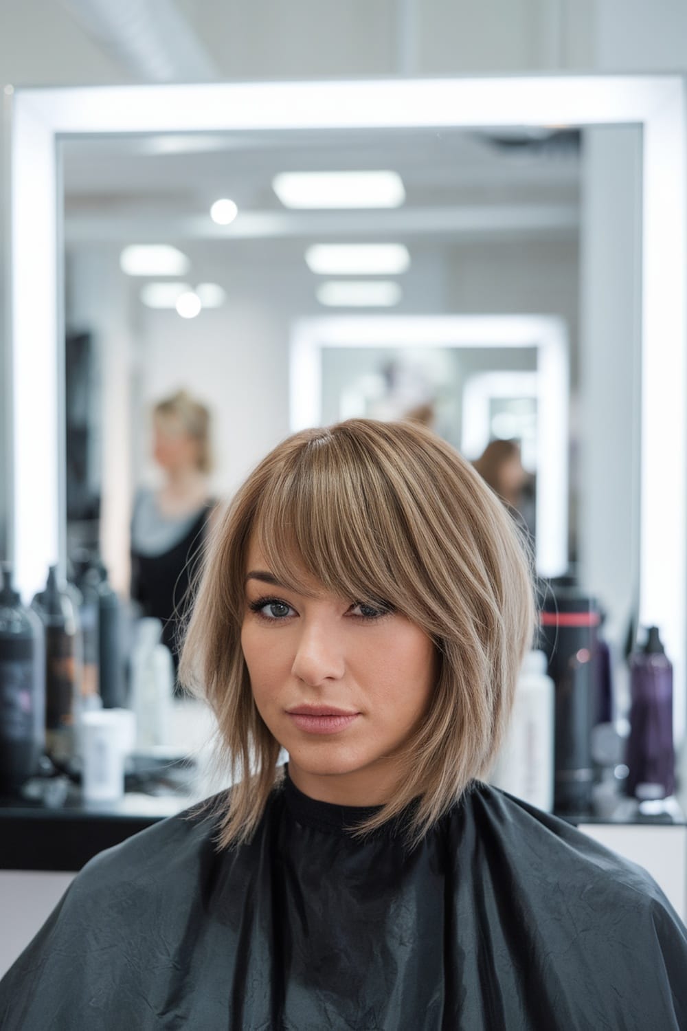 A woman with a layered bob haircut and bangs, sitting in a salon.