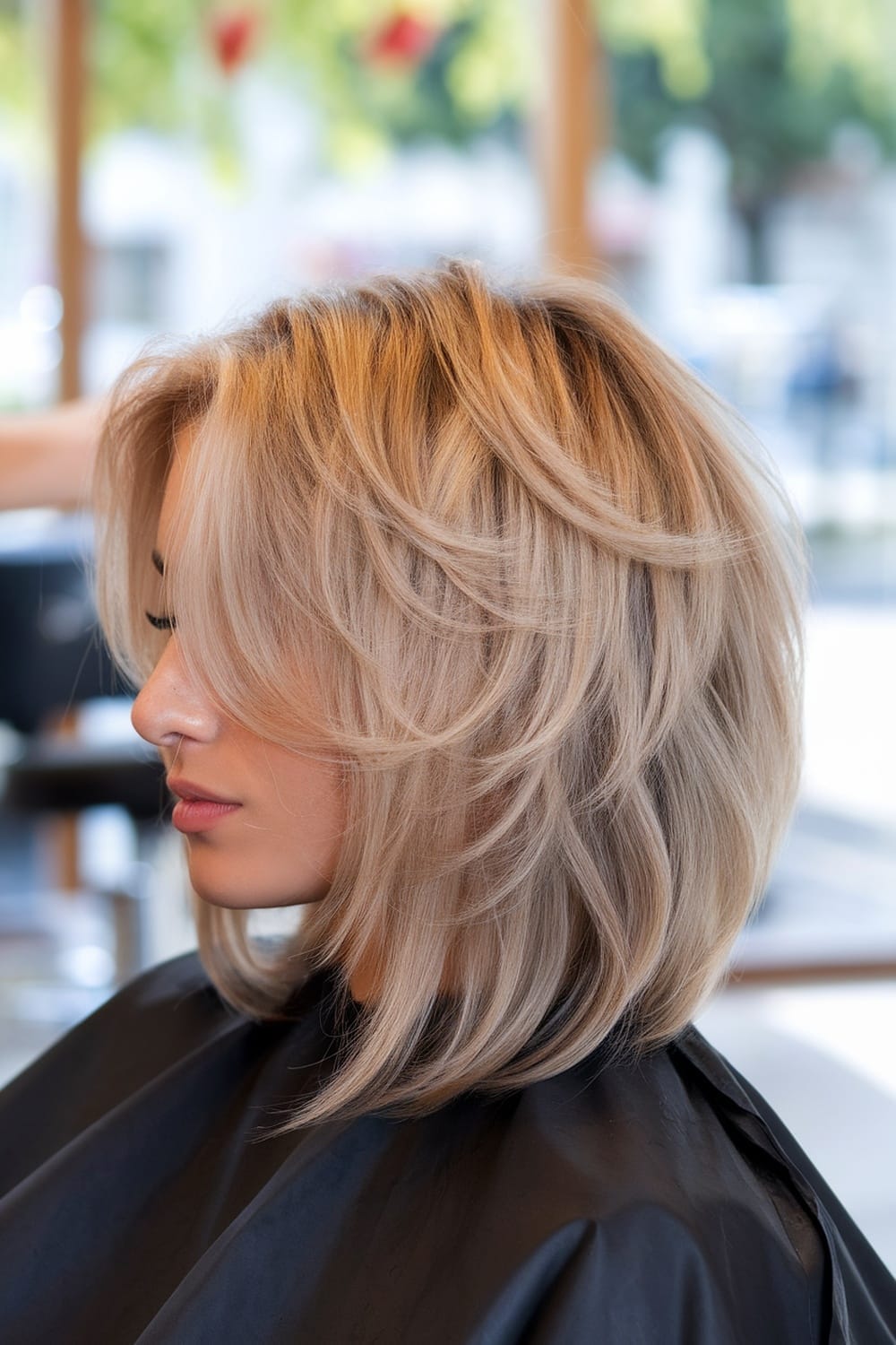 A woman with layered blonde hair styled in soft waves, showcasing a modern haircut suitable for thick hair.