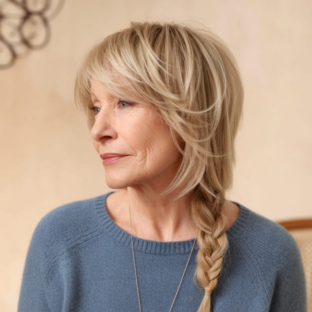 A woman with layered blonde hair styled with a side braid, wearing a blue sweater.
