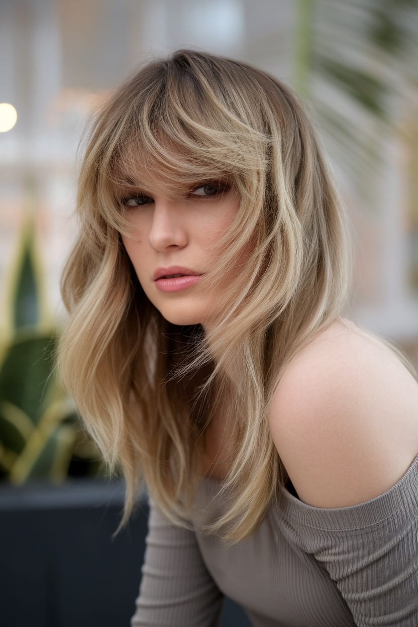 A woman with layered fringe hairstyle, wearing an off-shoulder top.