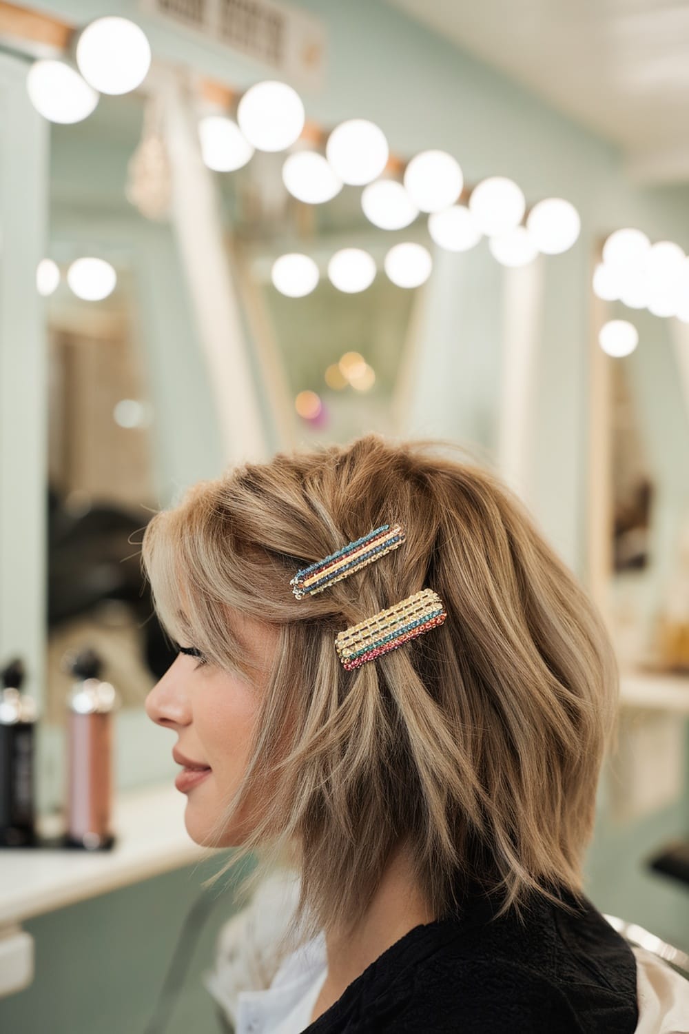 A woman with layered hair styled with colorful hair clips, showcasing a 90s hairstyle.