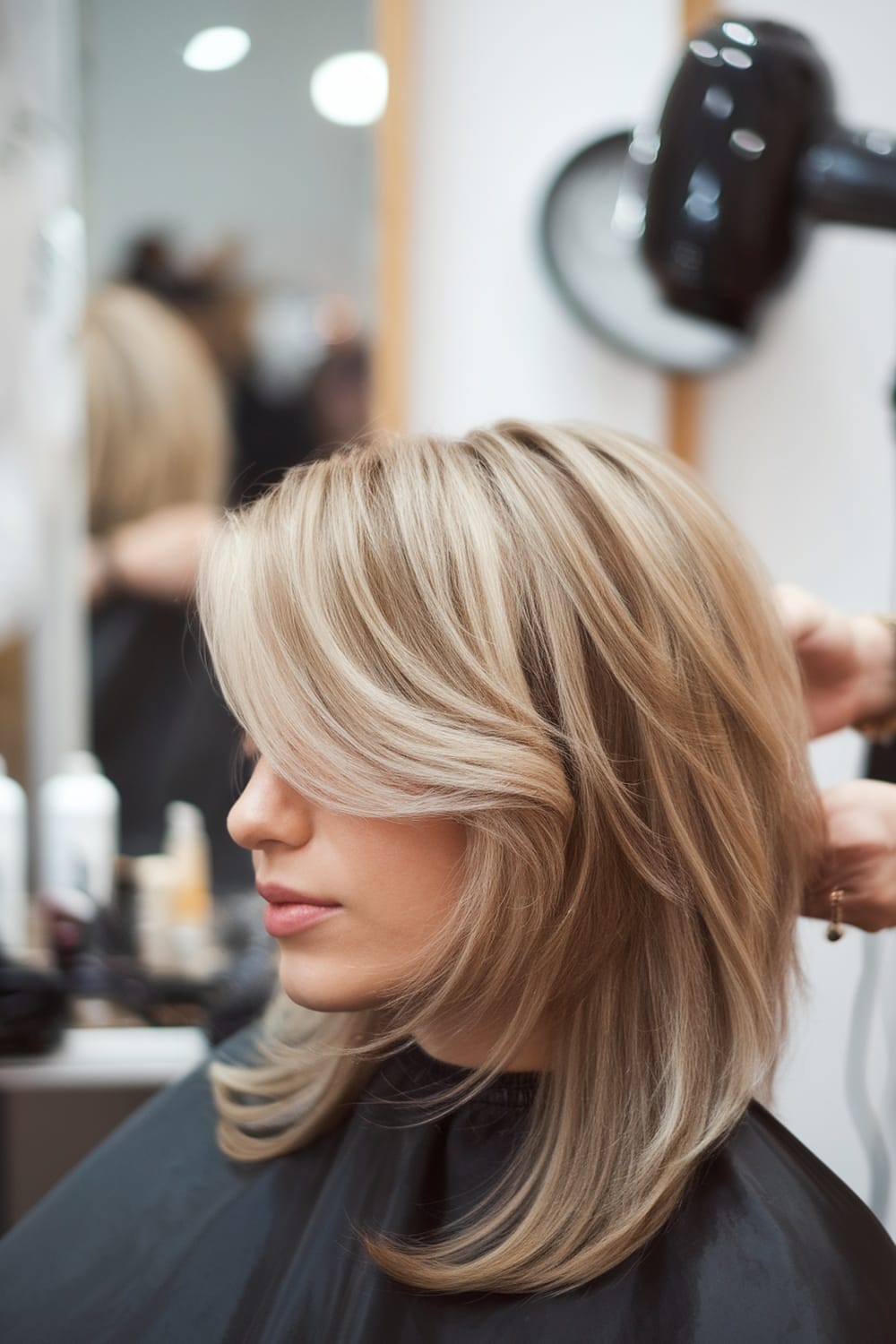 A woman with layered hair and side-swept bangs in a salon setting.