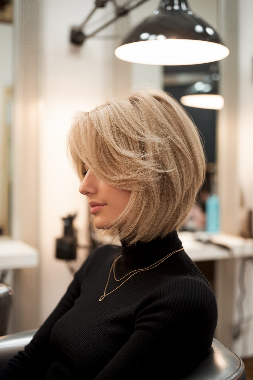 A woman with a layered bob haircut, showcasing soft layers and a stylish look.