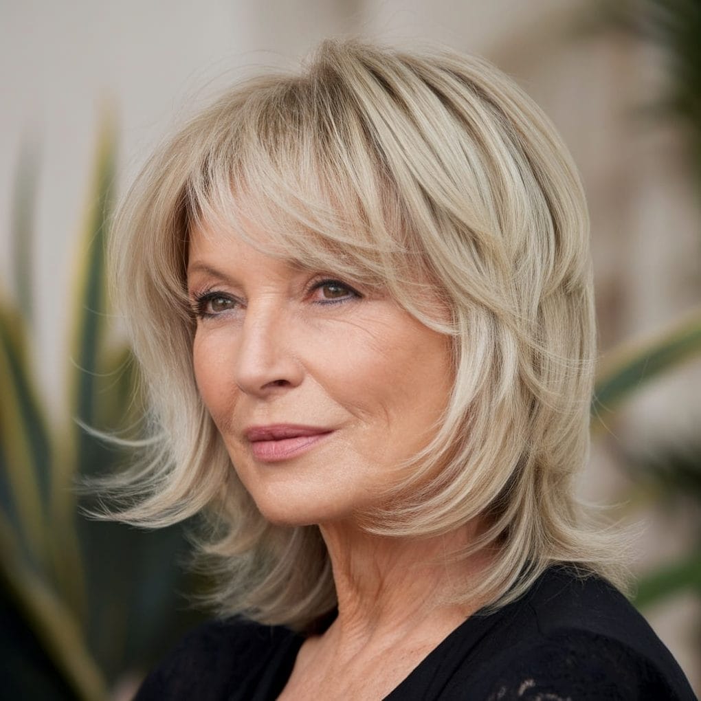 A woman over 70 with a layered haircut and gentle face-framing, showcasing a fresh and elegant hairstyle.