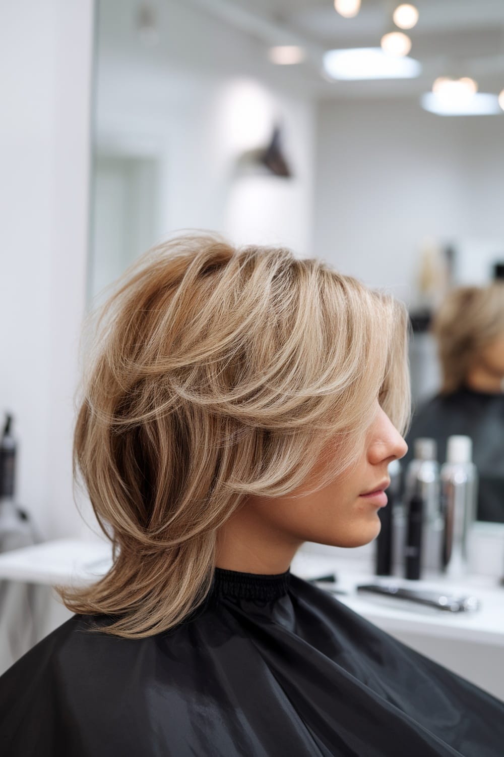 A woman with layered hair in a salon, showcasing a voluminous haircut.