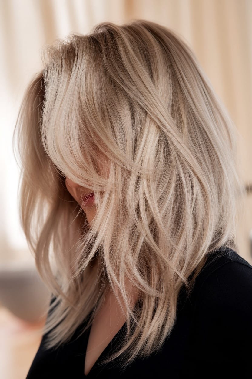 A woman with layered blonde hair styled in soft waves, showcasing volume and movement.