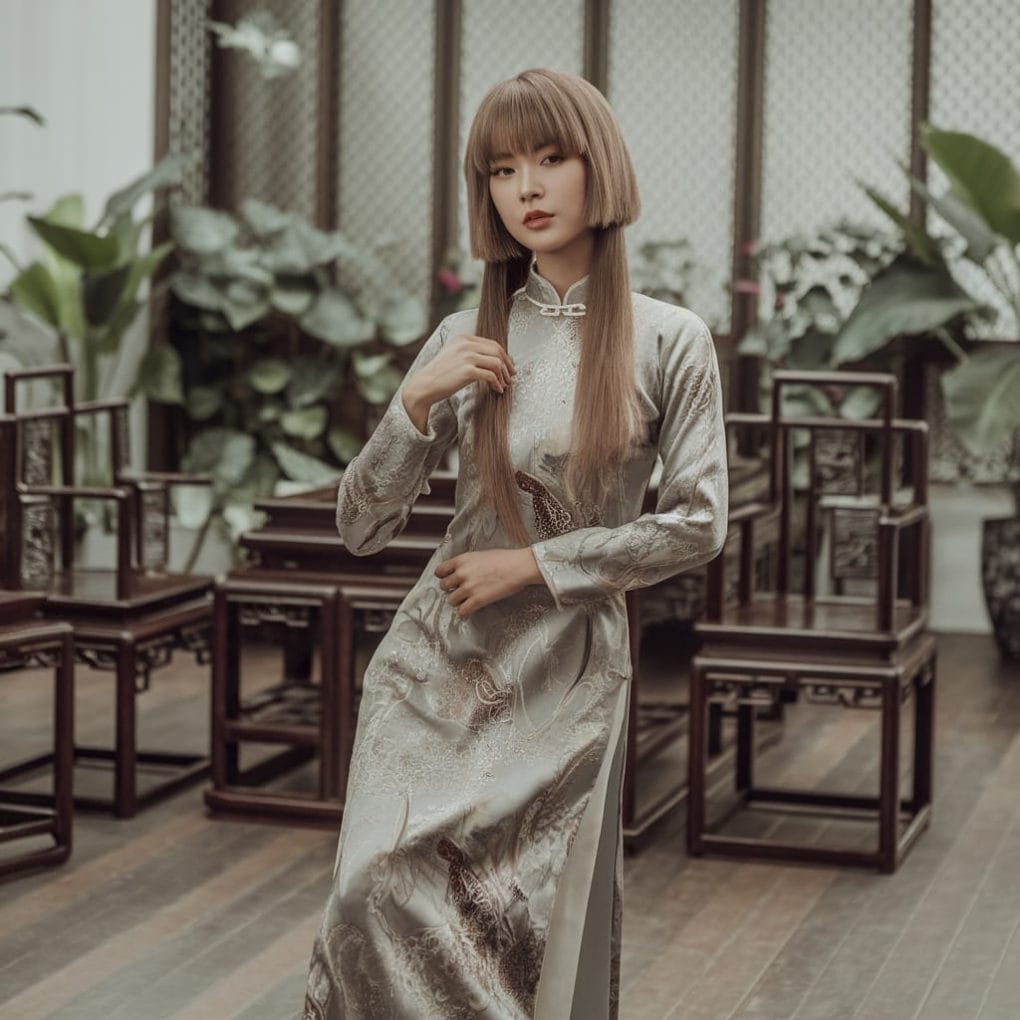 A woman with a layered lob hairstyle, dressed in a traditional outfit, standing in a stylish indoor setting.