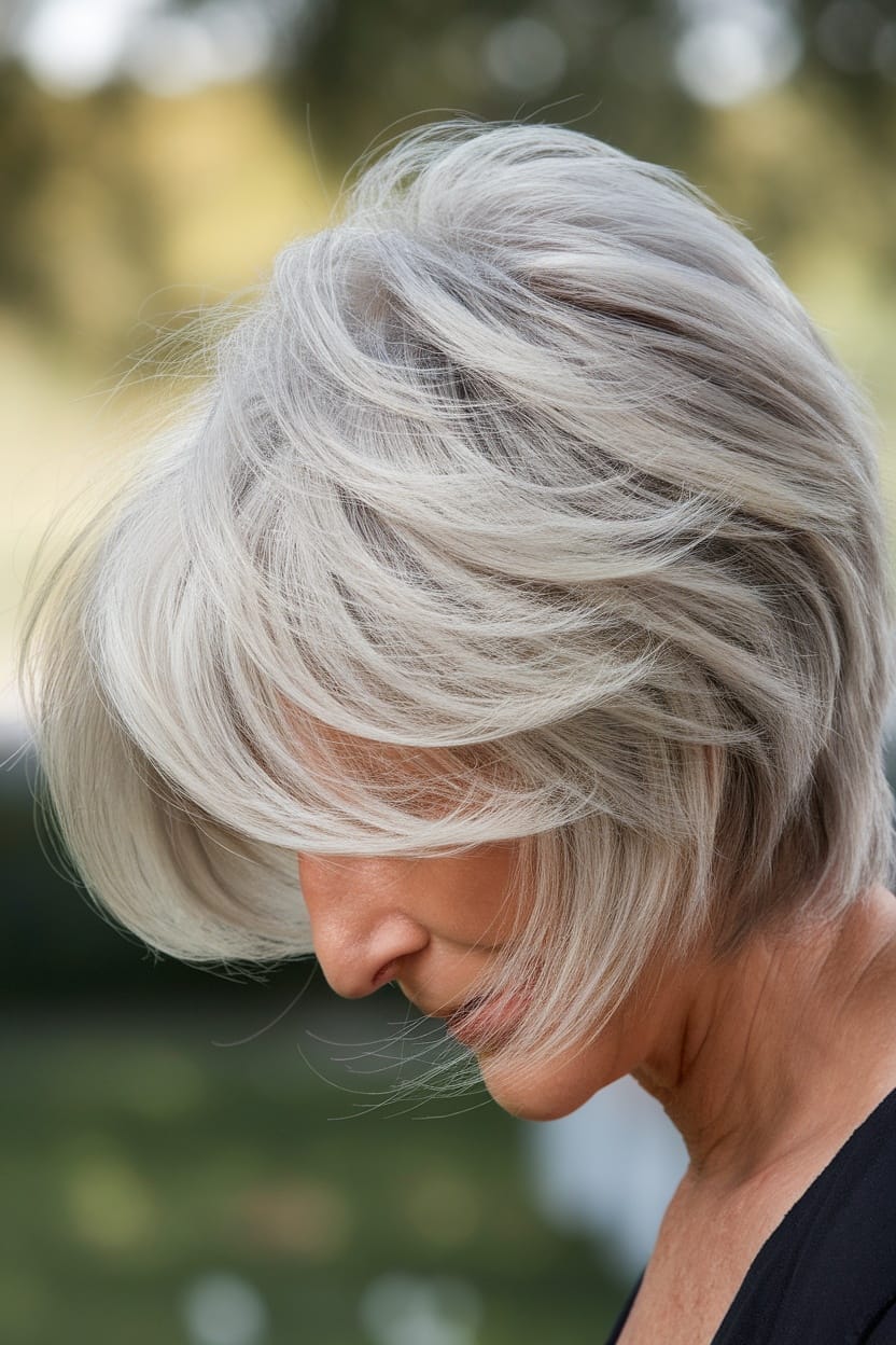 A close-up view of a layered pixie cut on a woman, showcasing soft, airy layers and a youthful appearance.