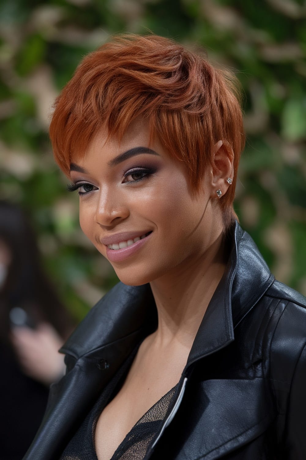 A woman with a layered red pixie cut, wearing a black leather jacket, smiling confidently