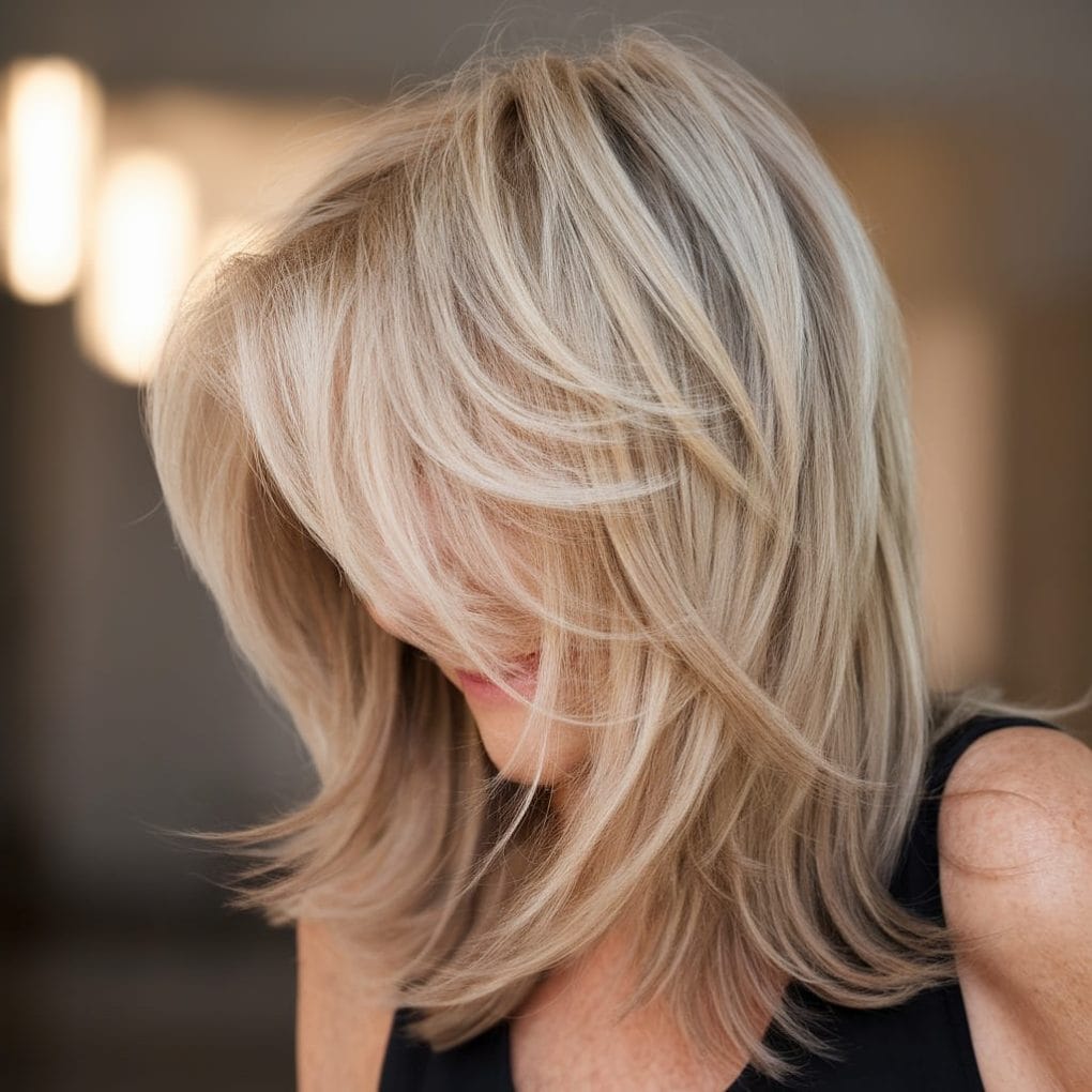 A woman with a layered shag haircut, featuring soft, tousled layers and light blonde color, showcasing a youthful appearance.