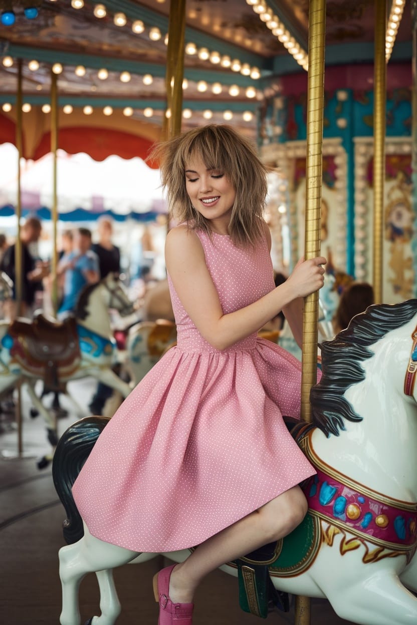 A young woman with a layered shag hairstyle smiles while sitting on a carousel horse, wearing a pink polka dot dress.