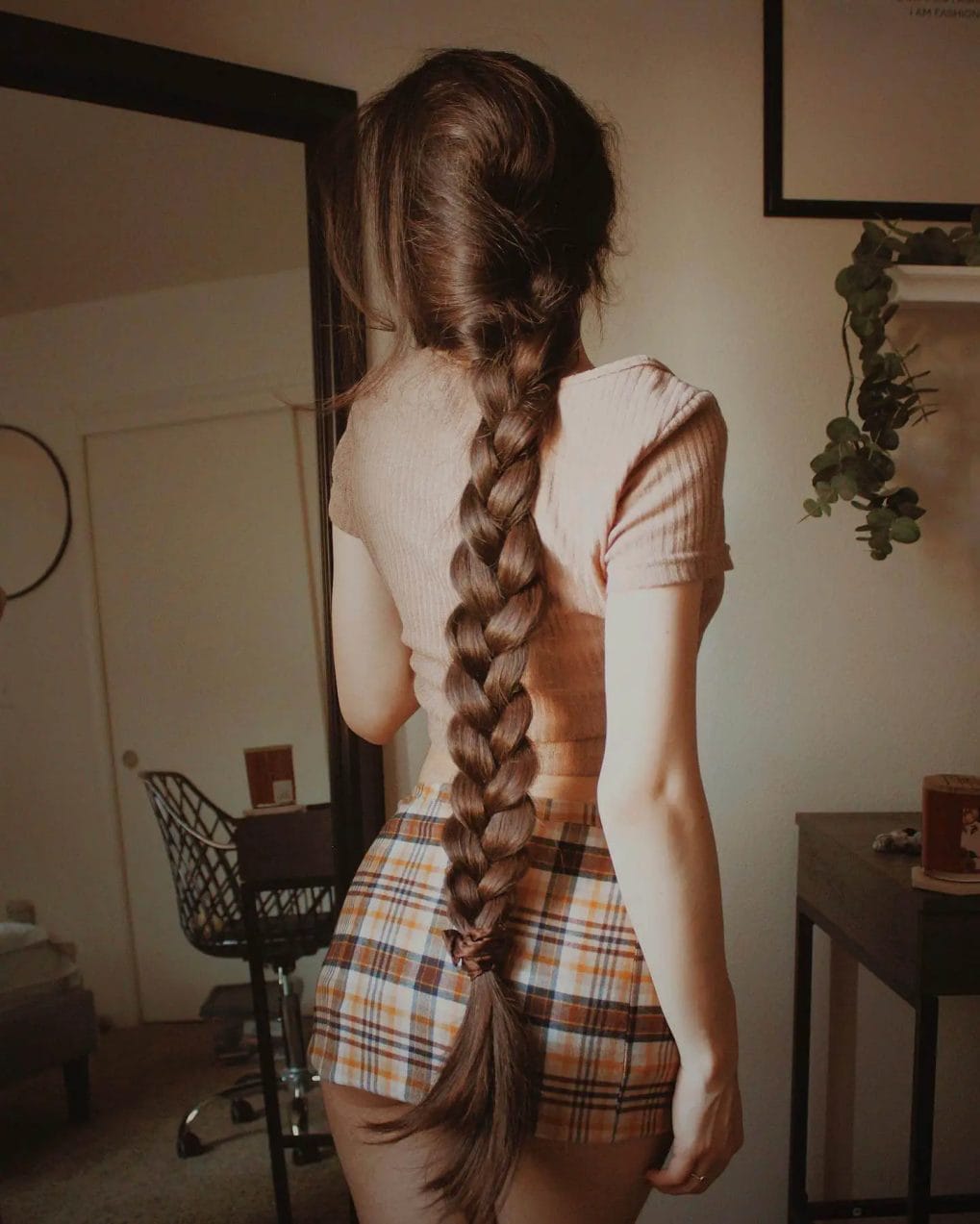 Long, thick brown braid as a ponytail, starting at the neck and extending to lower back.