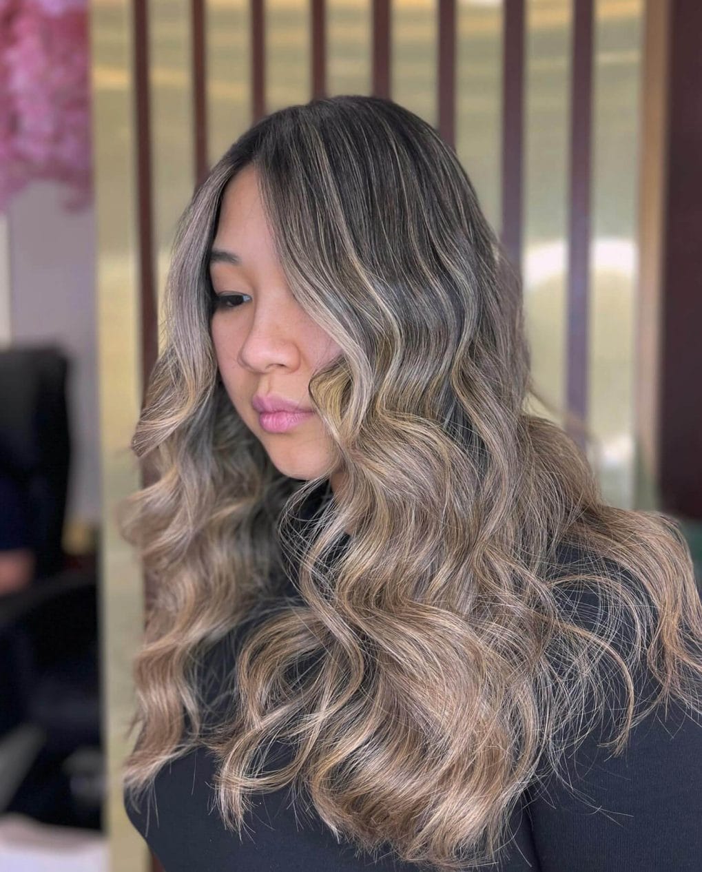 Long wavy layers with cool ash blonde and dark brown balayage