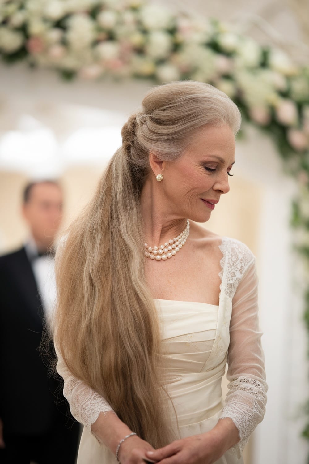 A woman with long, flowing hair styled elegantly for a special occasion, wearing a formal dress and pearl necklace.