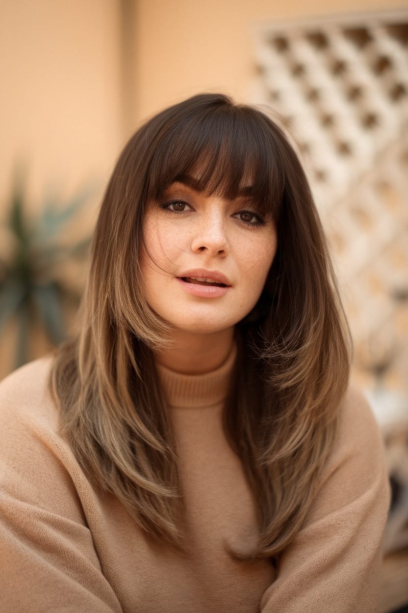 A woman with long, flowing hair and long bangs, smiling softly.