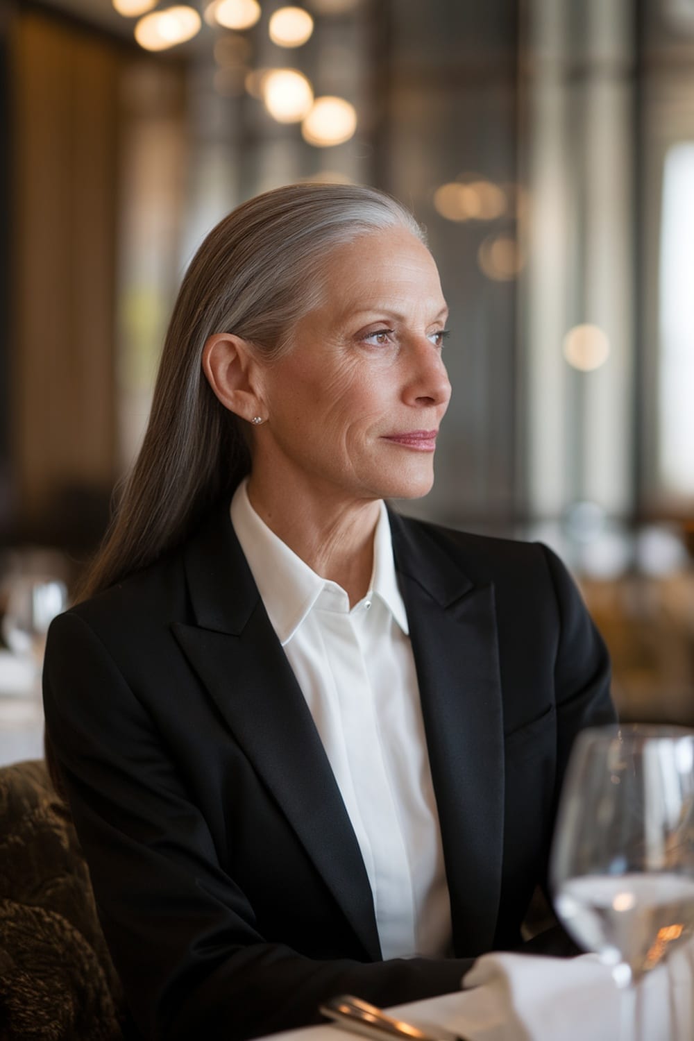 A woman with long hair smoothly tucked behind her ears, exuding sophistication and grace.