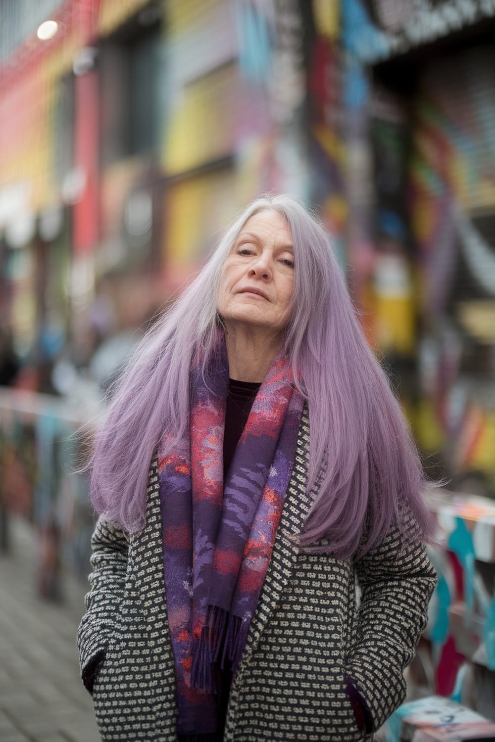 A woman with long lavender hair wearing a patterned coat and a colorful scarf, standing against a vibrant graffiti background.