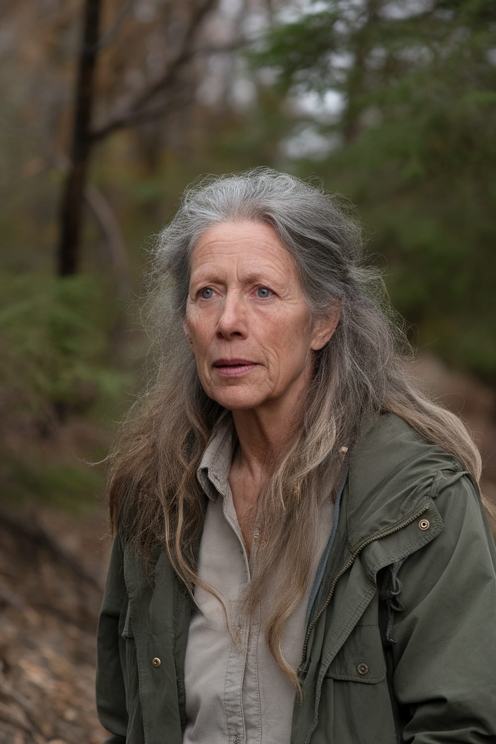 A woman with long, naturally textured grey hair in a forest setting.
