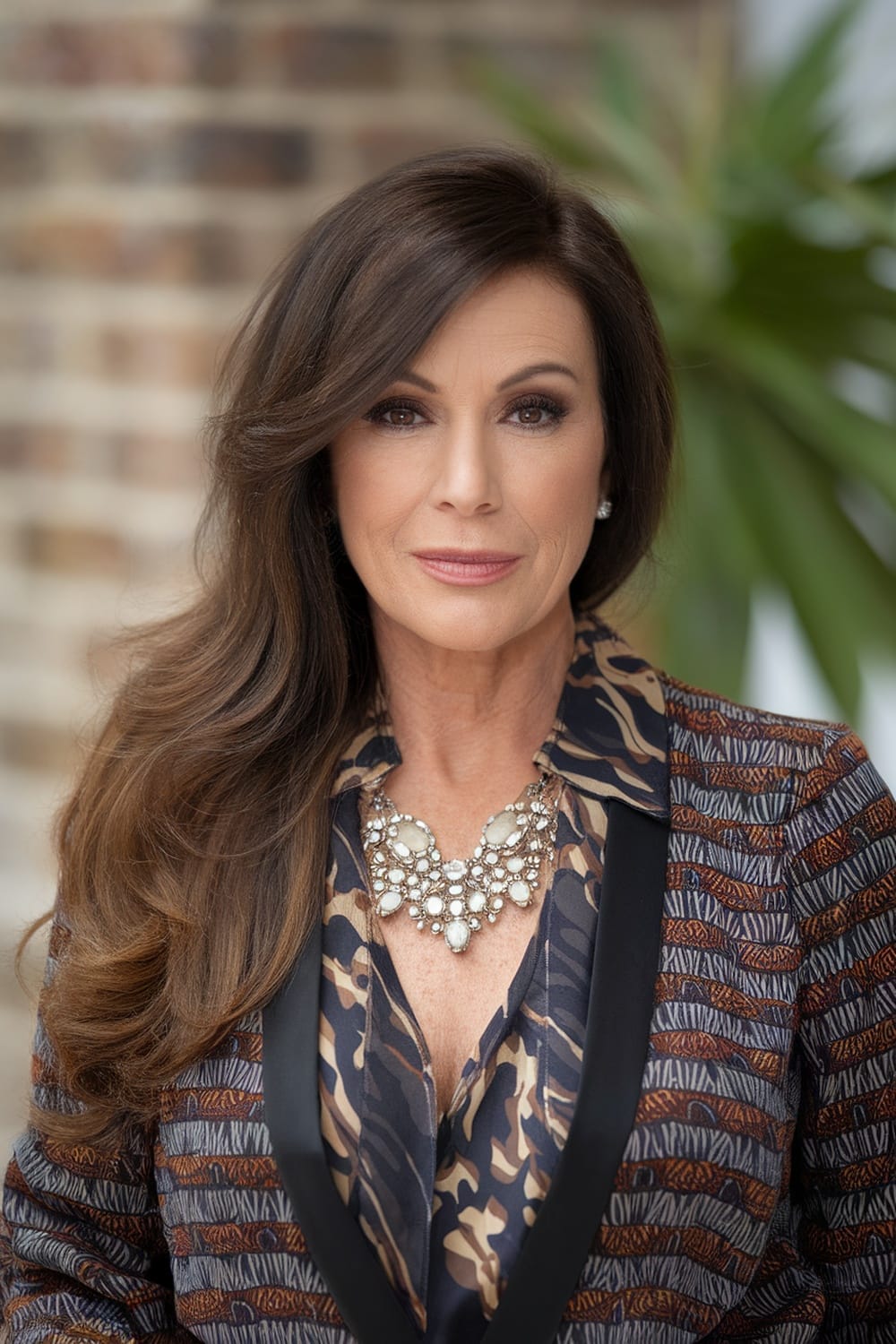 Woman with long hair styled in a side part, wearing a patterned blazer and statement necklace.