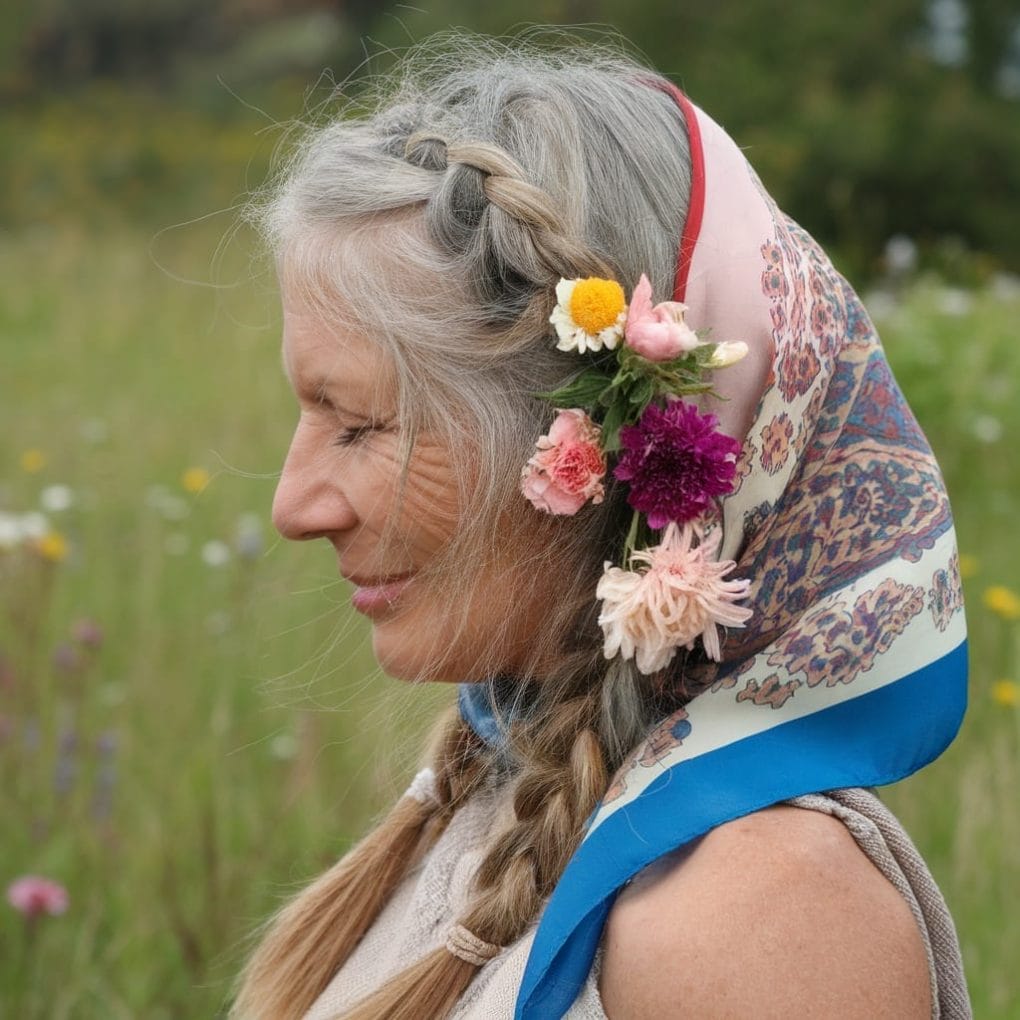 A woman with long braided hair adorned with flowers, showcasing a beautiful hairstyle.